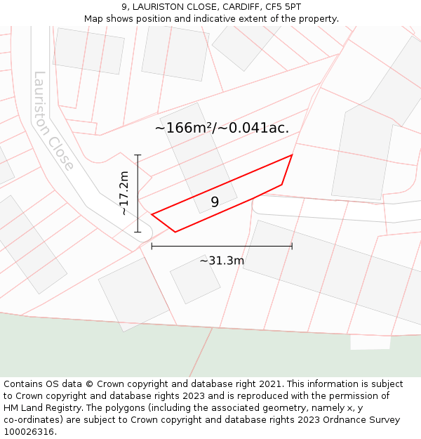 9, LAURISTON CLOSE, CARDIFF, CF5 5PT: Plot and title map