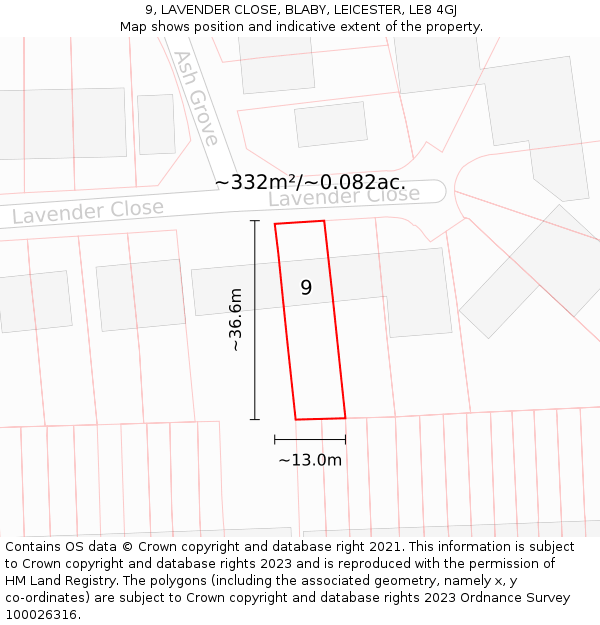 9, LAVENDER CLOSE, BLABY, LEICESTER, LE8 4GJ: Plot and title map