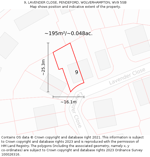 9, LAVENDER CLOSE, PENDEFORD, WOLVERHAMPTON, WV9 5SB: Plot and title map