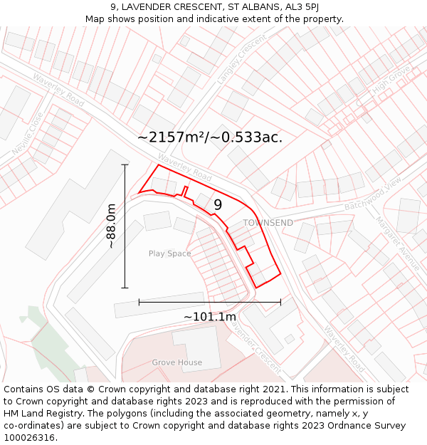 9, LAVENDER CRESCENT, ST ALBANS, AL3 5PJ: Plot and title map