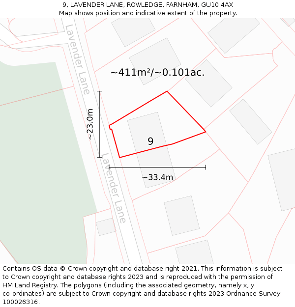 9, LAVENDER LANE, ROWLEDGE, FARNHAM, GU10 4AX: Plot and title map