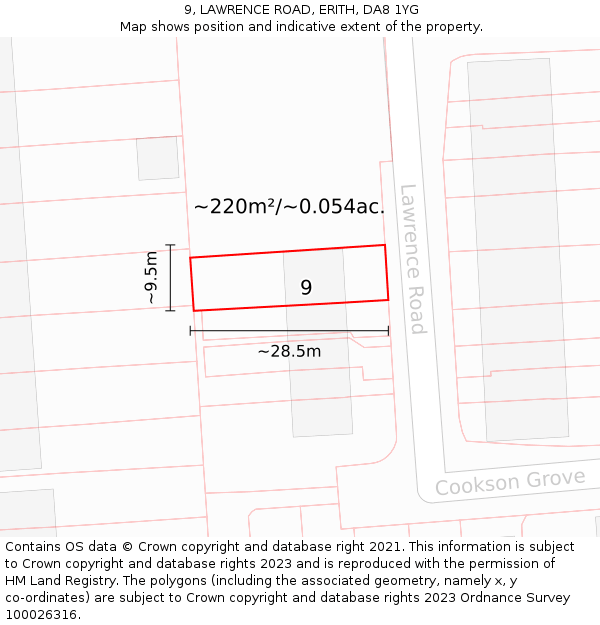 9, LAWRENCE ROAD, ERITH, DA8 1YG: Plot and title map