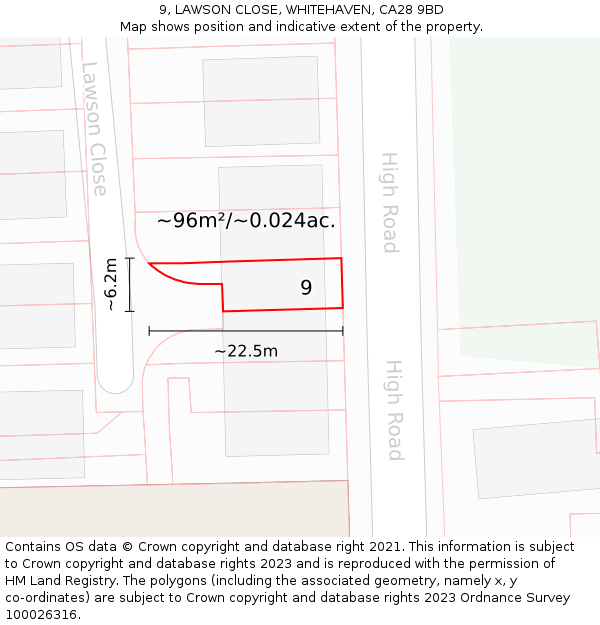 9, LAWSON CLOSE, WHITEHAVEN, CA28 9BD: Plot and title map