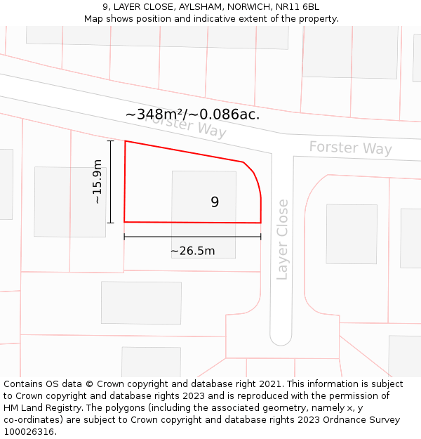 9, LAYER CLOSE, AYLSHAM, NORWICH, NR11 6BL: Plot and title map