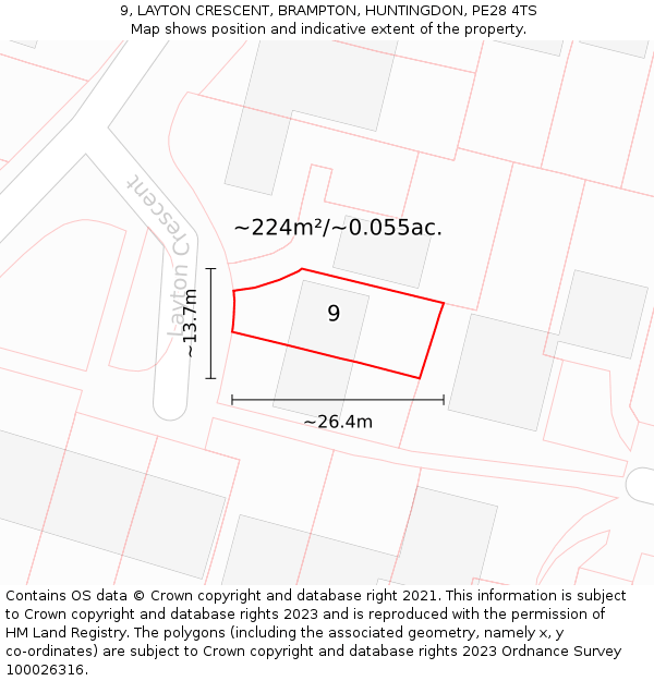 9, LAYTON CRESCENT, BRAMPTON, HUNTINGDON, PE28 4TS: Plot and title map