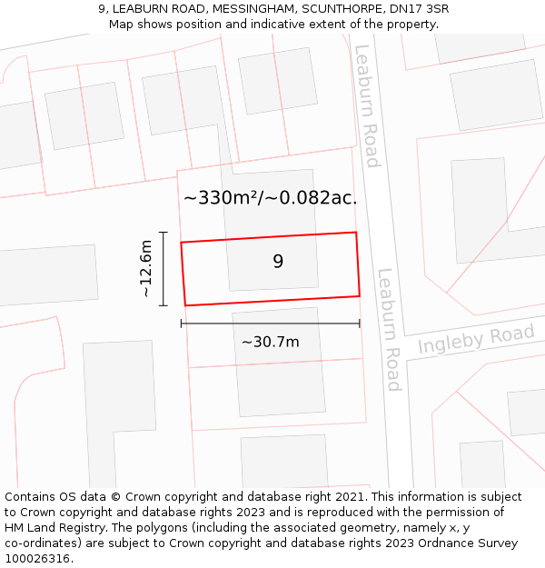 9, LEABURN ROAD, MESSINGHAM, SCUNTHORPE, DN17 3SR: Plot and title map