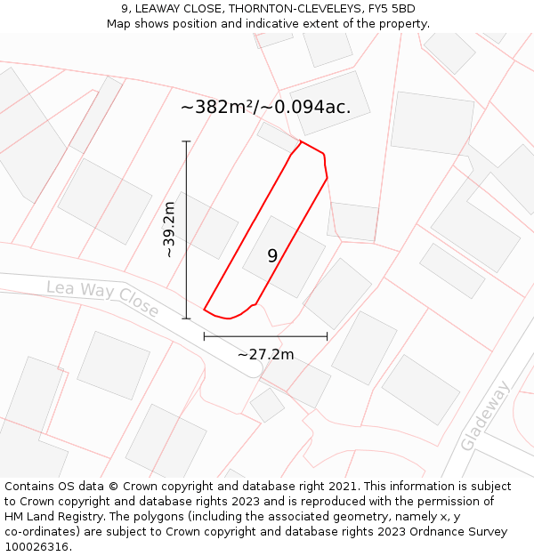 9, LEAWAY CLOSE, THORNTON-CLEVELEYS, FY5 5BD: Plot and title map
