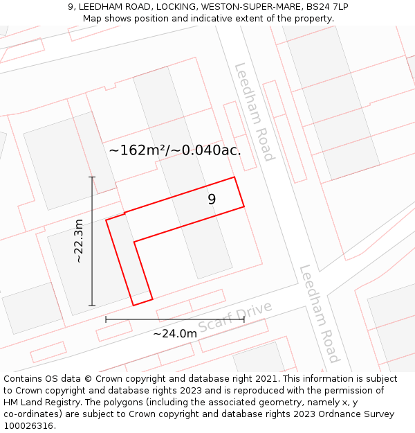 9, LEEDHAM ROAD, LOCKING, WESTON-SUPER-MARE, BS24 7LP: Plot and title map