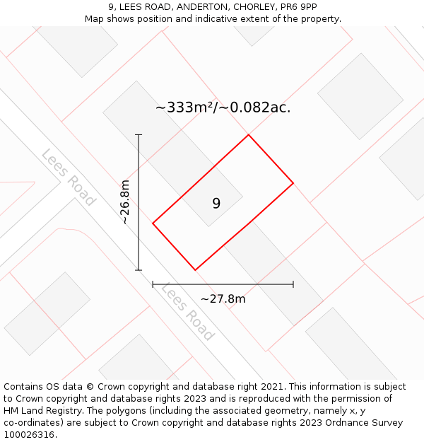 9, LEES ROAD, ANDERTON, CHORLEY, PR6 9PP: Plot and title map