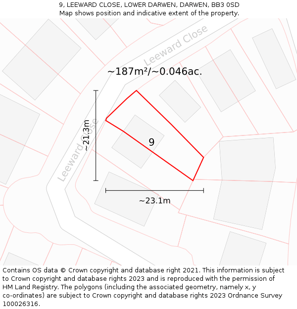 9, LEEWARD CLOSE, LOWER DARWEN, DARWEN, BB3 0SD: Plot and title map