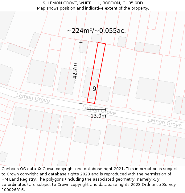 9, LEMON GROVE, WHITEHILL, BORDON, GU35 9BD: Plot and title map