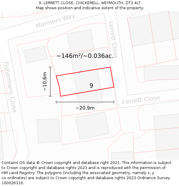 9, LERRETT CLOSE, CHICKERELL, WEYMOUTH, DT3 4LT: Plot and title map