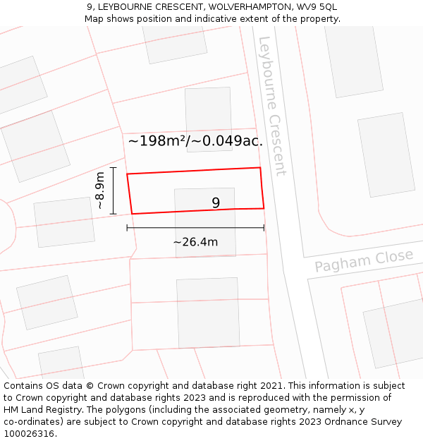 9, LEYBOURNE CRESCENT, WOLVERHAMPTON, WV9 5QL: Plot and title map