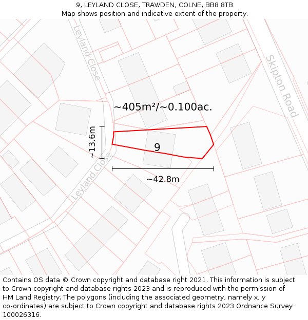 9, LEYLAND CLOSE, TRAWDEN, COLNE, BB8 8TB: Plot and title map