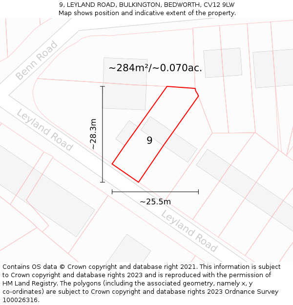 9, LEYLAND ROAD, BULKINGTON, BEDWORTH, CV12 9LW: Plot and title map