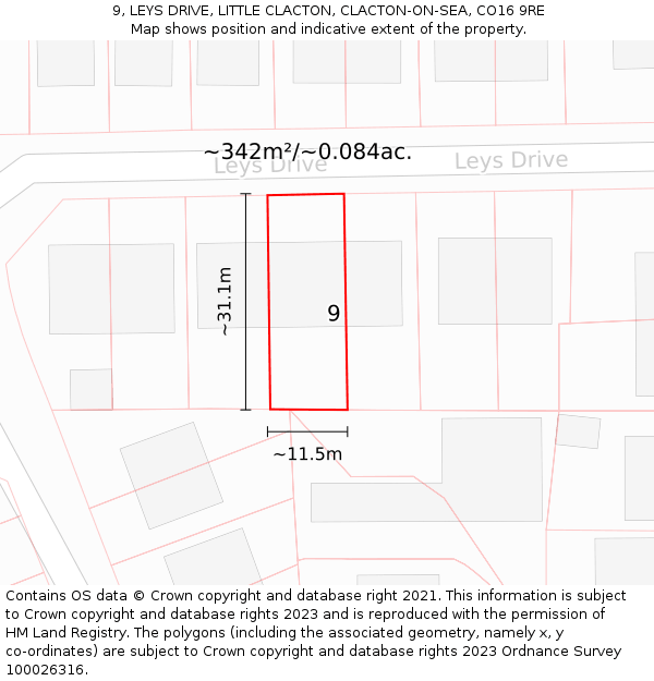 9, LEYS DRIVE, LITTLE CLACTON, CLACTON-ON-SEA, CO16 9RE: Plot and title map