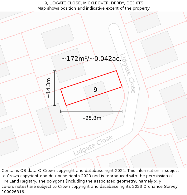 9, LIDGATE CLOSE, MICKLEOVER, DERBY, DE3 0TS: Plot and title map