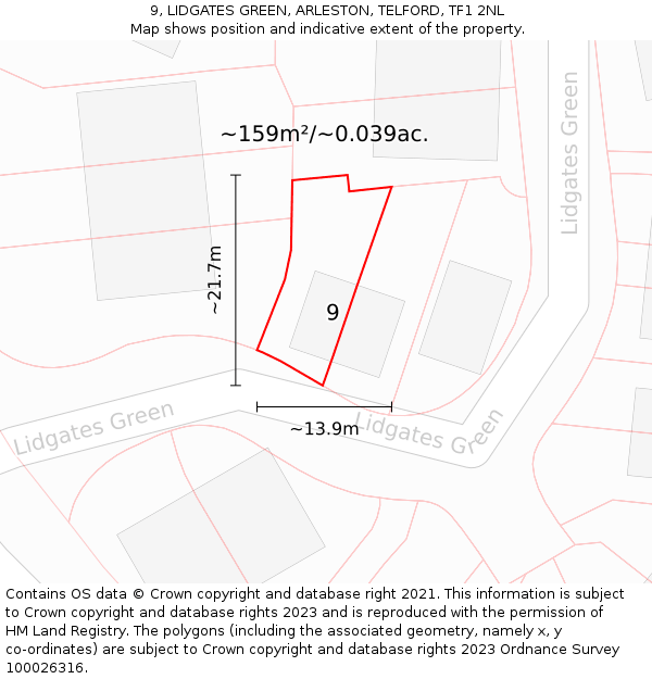 9, LIDGATES GREEN, ARLESTON, TELFORD, TF1 2NL: Plot and title map