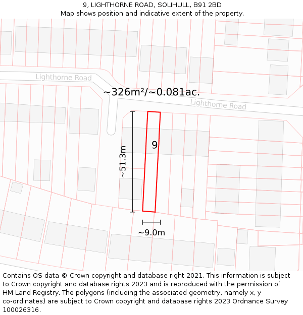 9, LIGHTHORNE ROAD, SOLIHULL, B91 2BD: Plot and title map