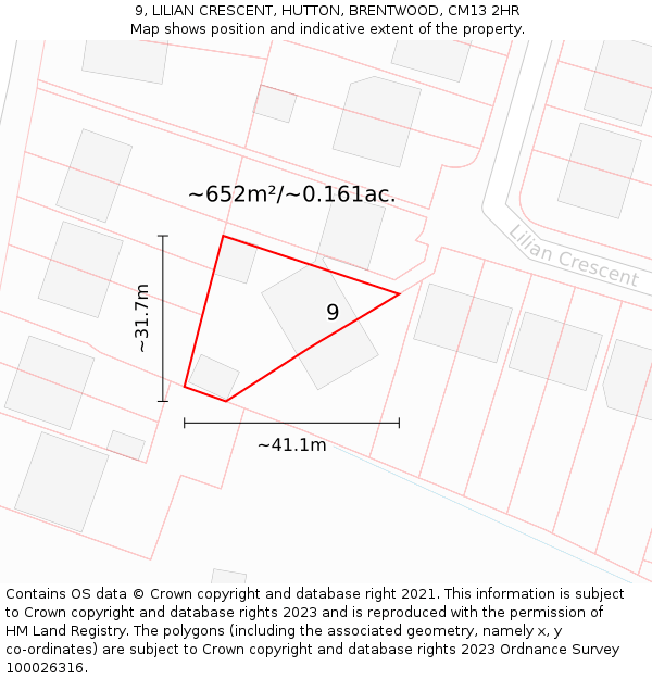 9, LILIAN CRESCENT, HUTTON, BRENTWOOD, CM13 2HR: Plot and title map