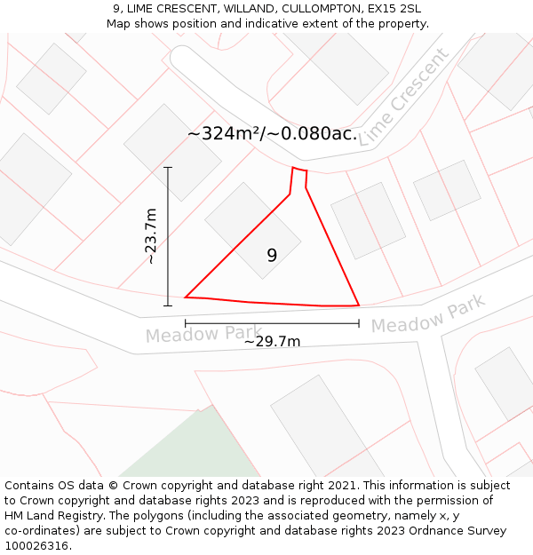 9, LIME CRESCENT, WILLAND, CULLOMPTON, EX15 2SL: Plot and title map