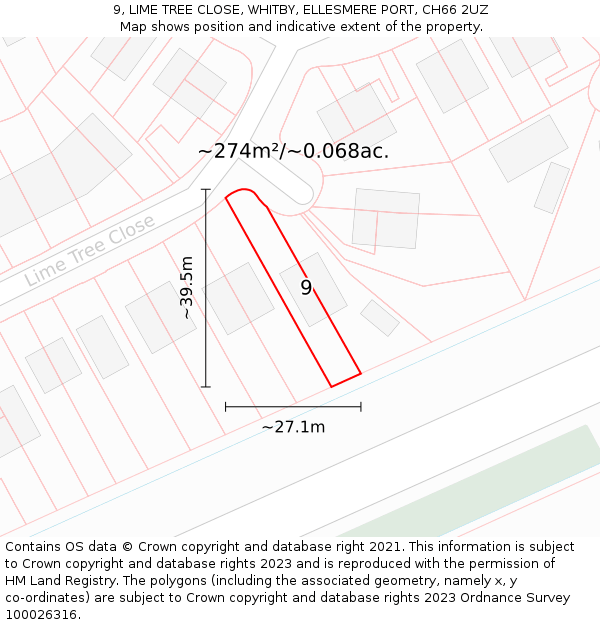 9, LIME TREE CLOSE, WHITBY, ELLESMERE PORT, CH66 2UZ: Plot and title map