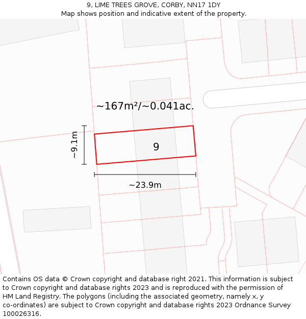 9, LIME TREES GROVE, CORBY, NN17 1DY: Plot and title map