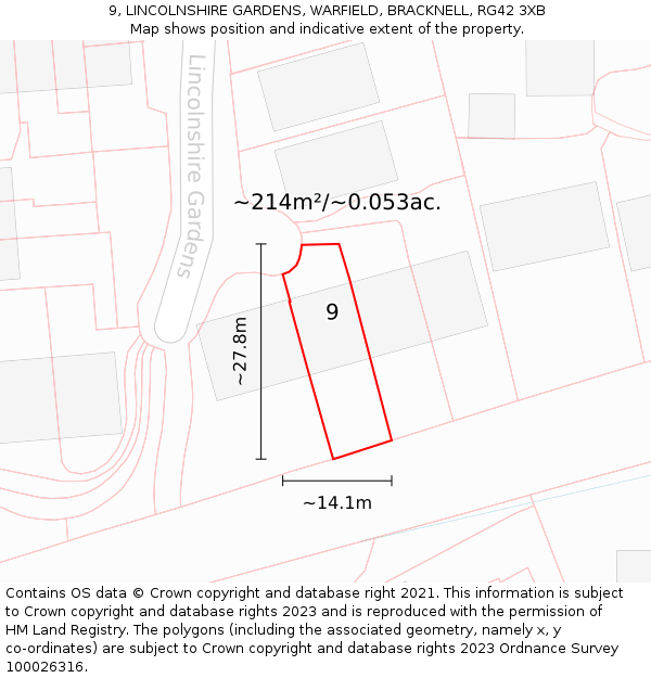 9, LINCOLNSHIRE GARDENS, WARFIELD, BRACKNELL, RG42 3XB: Plot and title map
