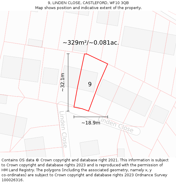 9, LINDEN CLOSE, CASTLEFORD, WF10 3QB: Plot and title map