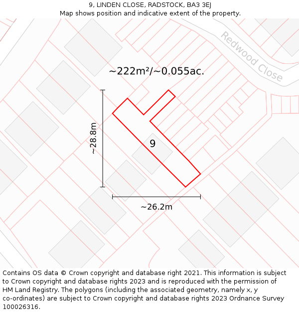 9, LINDEN CLOSE, RADSTOCK, BA3 3EJ: Plot and title map
