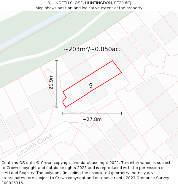 9, LINDETH CLOSE, HUNTINGDON, PE29 6GJ: Plot and title map