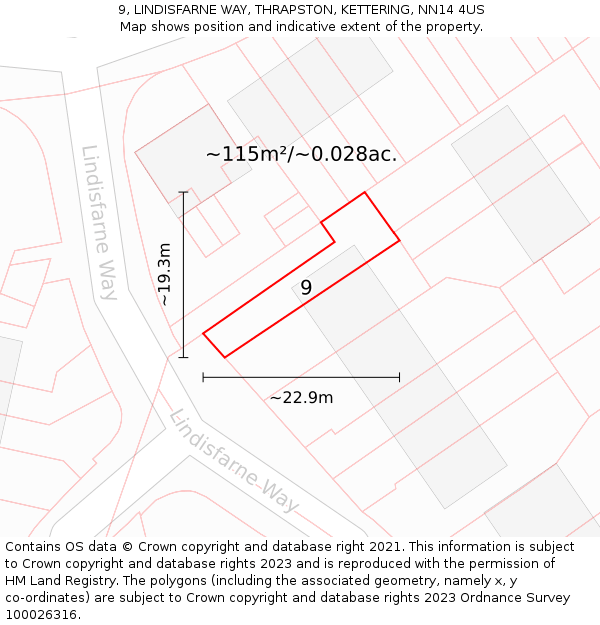 9, LINDISFARNE WAY, THRAPSTON, KETTERING, NN14 4US: Plot and title map