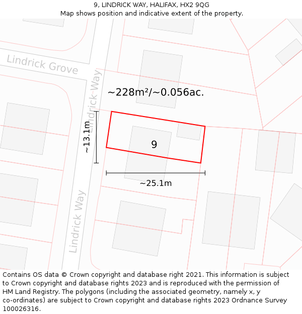 9, LINDRICK WAY, HALIFAX, HX2 9QG: Plot and title map
