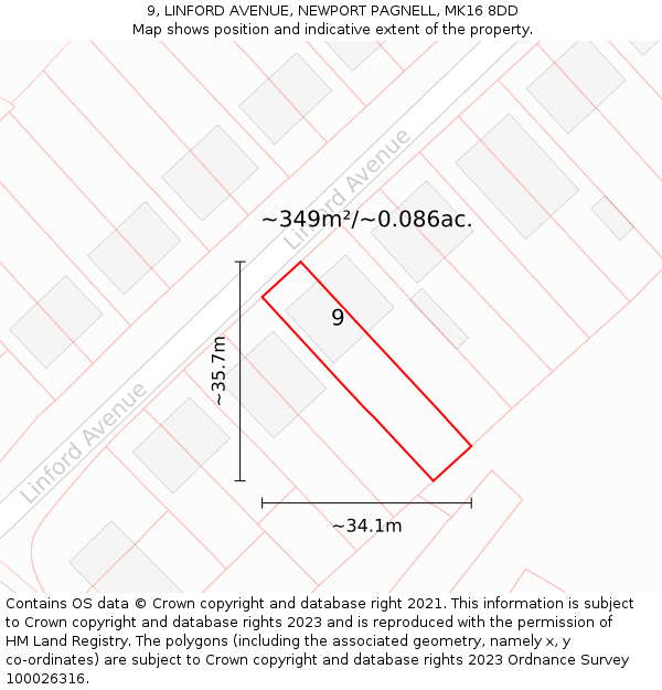 9, LINFORD AVENUE, NEWPORT PAGNELL, MK16 8DD: Plot and title map