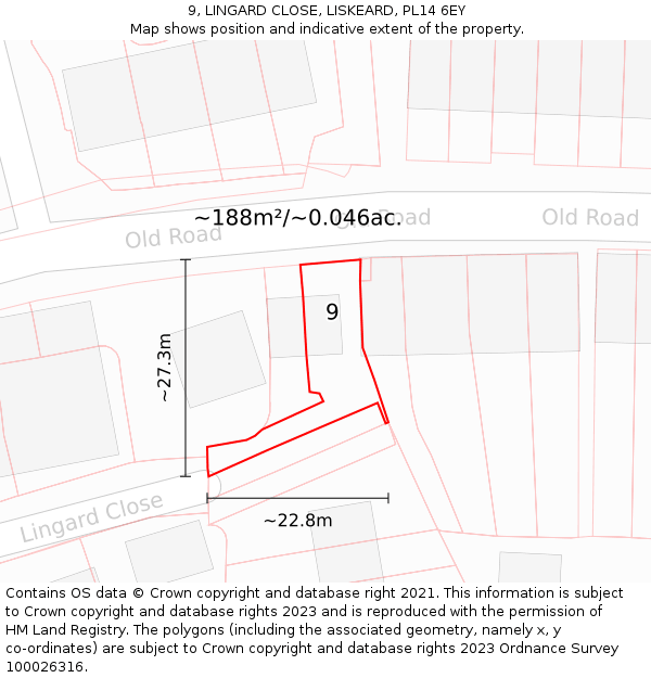 9, LINGARD CLOSE, LISKEARD, PL14 6EY: Plot and title map