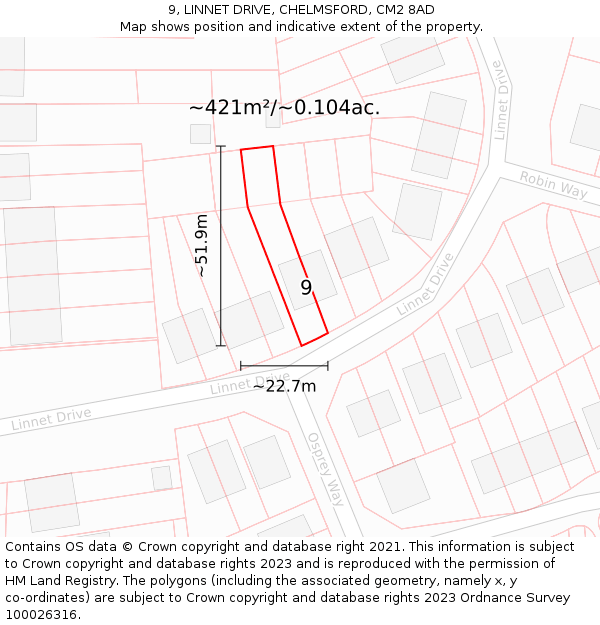 9, LINNET DRIVE, CHELMSFORD, CM2 8AD: Plot and title map