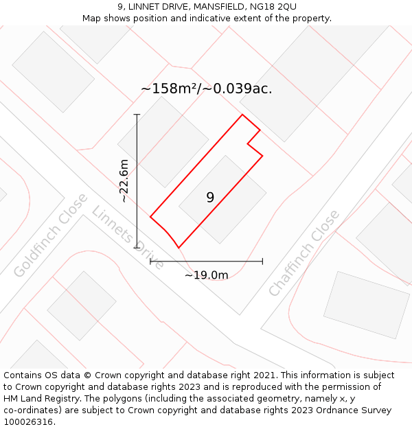 9, LINNET DRIVE, MANSFIELD, NG18 2QU: Plot and title map