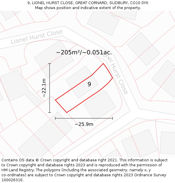 9, LIONEL HURST CLOSE, GREAT CORNARD, SUDBURY, CO10 0YX: Plot and title map