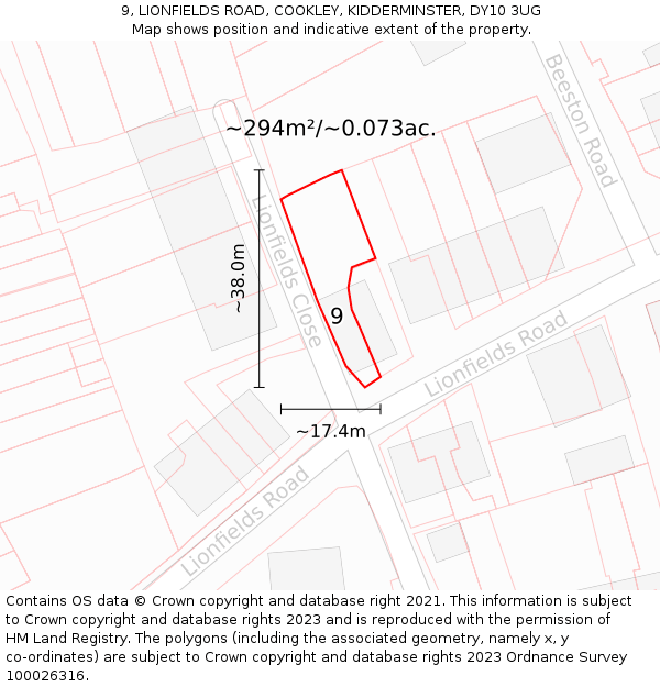 9, LIONFIELDS ROAD, COOKLEY, KIDDERMINSTER, DY10 3UG: Plot and title map