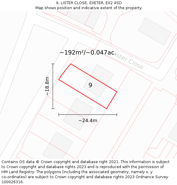 9, LISTER CLOSE, EXETER, EX2 4SD: Plot and title map