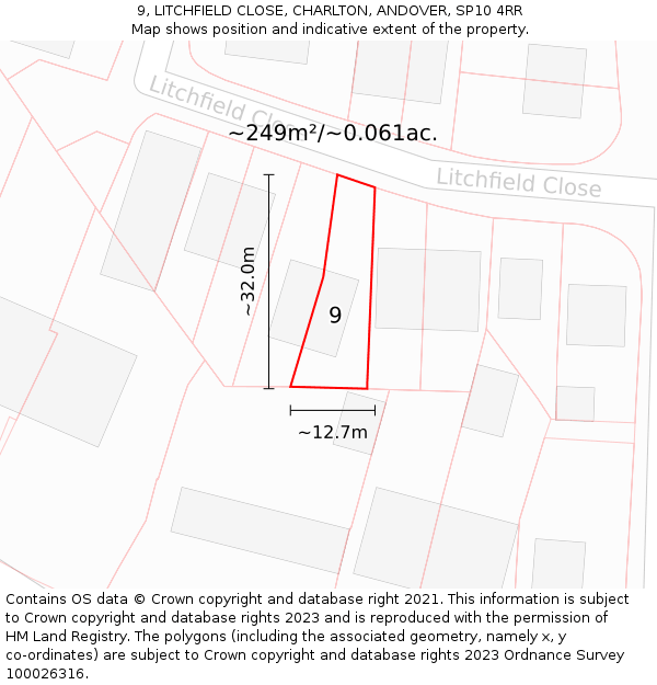 9, LITCHFIELD CLOSE, CHARLTON, ANDOVER, SP10 4RR: Plot and title map