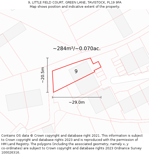 9, LITTLE FIELD COURT, GREEN LANE, TAVISTOCK, PL19 9FA: Plot and title map