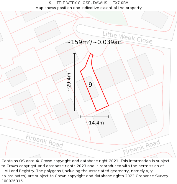 9, LITTLE WEEK CLOSE, DAWLISH, EX7 0RA: Plot and title map