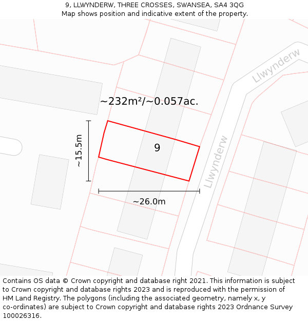9, LLWYNDERW, THREE CROSSES, SWANSEA, SA4 3QG: Plot and title map