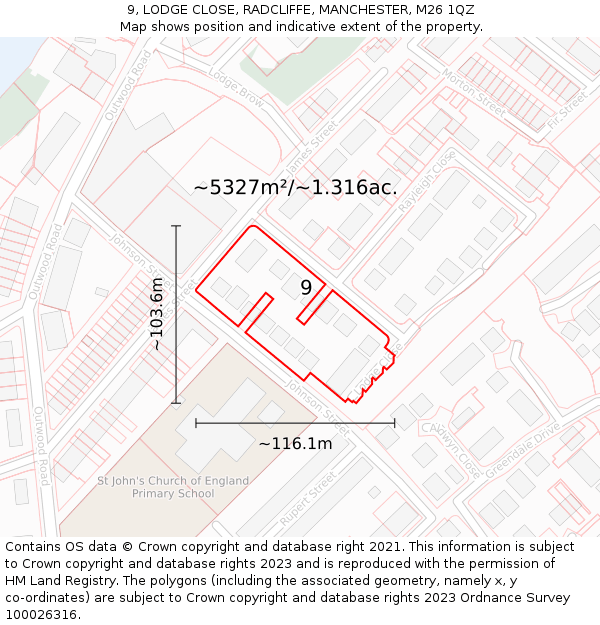 9, LODGE CLOSE, RADCLIFFE, MANCHESTER, M26 1QZ: Plot and title map