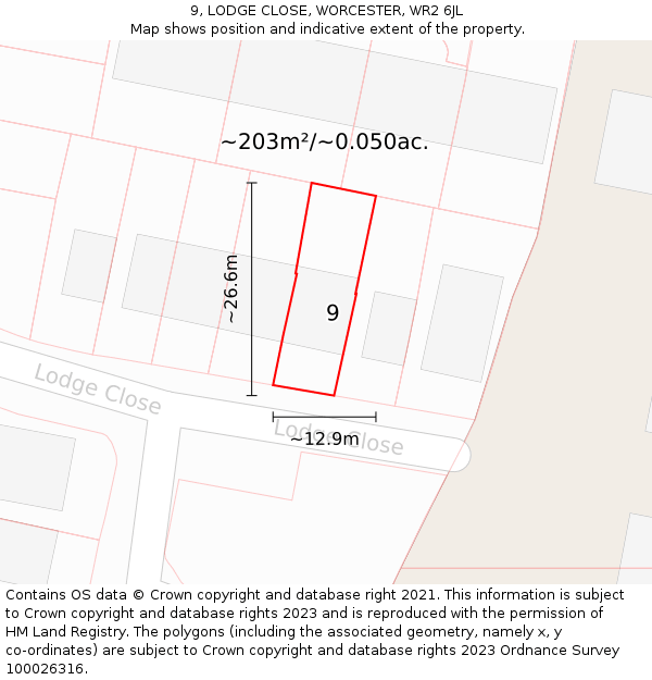 9, LODGE CLOSE, WORCESTER, WR2 6JL: Plot and title map