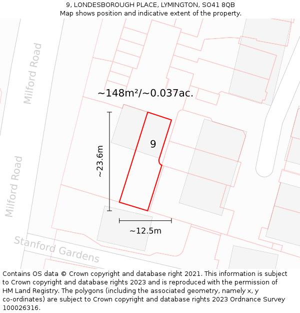 9, LONDESBOROUGH PLACE, LYMINGTON, SO41 8QB: Plot and title map