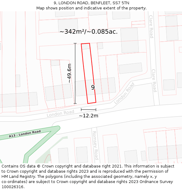 9, LONDON ROAD, BENFLEET, SS7 5TN: Plot and title map