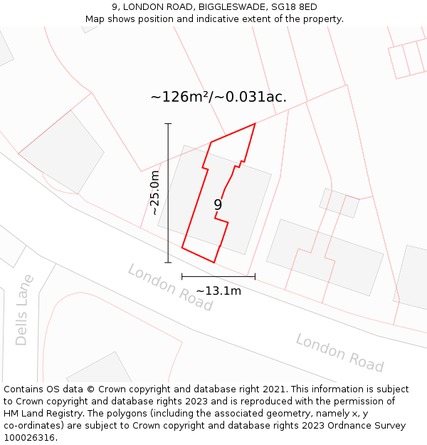 9, LONDON ROAD, BIGGLESWADE, SG18 8ED: Plot and title map