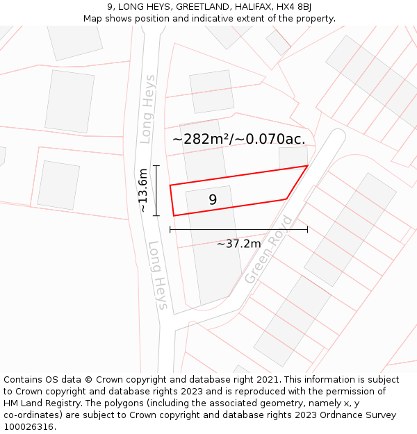 9, LONG HEYS, GREETLAND, HALIFAX, HX4 8BJ: Plot and title map
